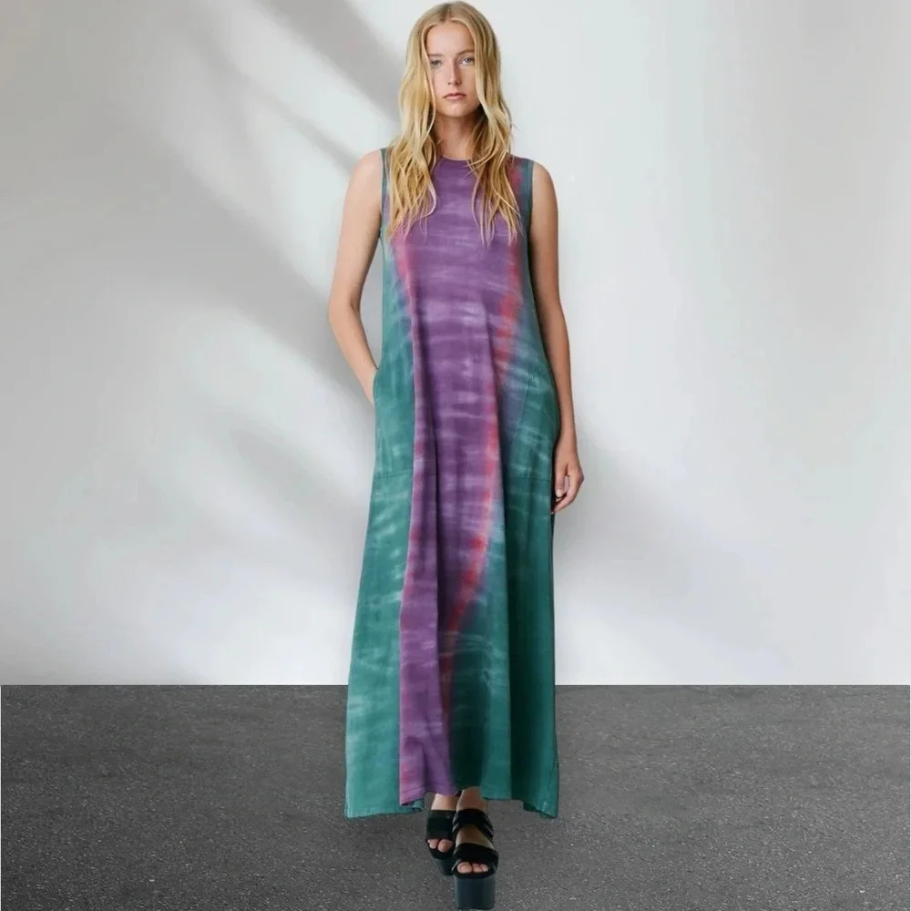 Raquel Allegra Fantasy Tiger Tie Dye Classic Jersey Sleeveless Drama Maxi Dress